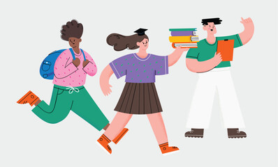 Group of diverse students. Boy running late, girl in graduation hat holding books, man delivering a presentation. Cartoon characters. Hand drawn colorful vector illustration in trendy flat style