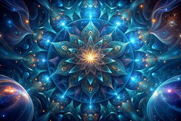 Obraz premium Bright blue light burst in an abstract fractal flower pattern, a digital energy star explosion for a fantasy art glow backdrop