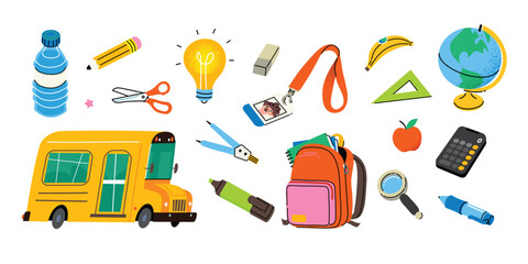 School equipment icons. Hand drawn cartoon images. Trendy vector illustrations. Backpack items, school bus and tool for studying. Flat style 