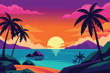 Vibrant Sunset Over Tropical Beach Palm Trees, Ocean, and Mountains
