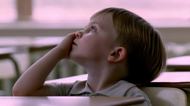 Boy sitting at school desk, leaning his palm against his face, looking up thoughtfully, close-up of face, warm light