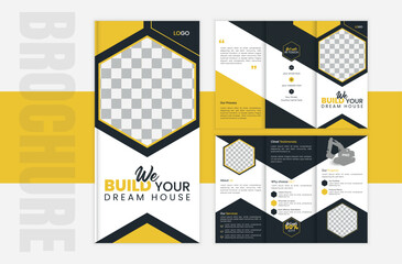 Construction company trifold brochure with industrial icons and yellow theme | Vector template tri fold brochure for construction industry