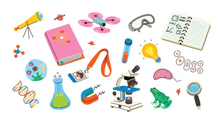 Science education icons. Hand drawn cartoon images. Trendy vector illustrations. Equipment, models, tools for research 