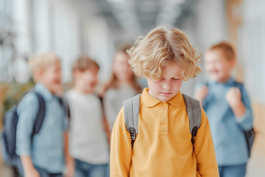 Child being bullied by classmates in school hallway. Social isolation and bullying concept in education.
