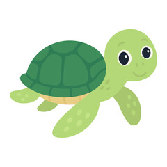 Cute green turtle cartoon. Smiling sea turtle character. Baby tortoise illustration.