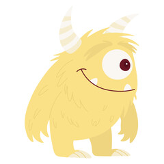 Yellow cute monster with one eye and horns. Funny cyclops character. Smiling fluffy beast.