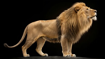 I will generate a full-body studio portrait of a magnificent male lion standing in profile against a stark black background. The lion boasts a full, golden-brown mane that frames 