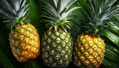 fresh ripe pineapples with dewdrops highlighted against a dark green leaf background