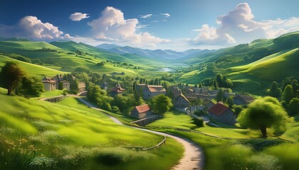 quaint village nestled between green hills on a bright day