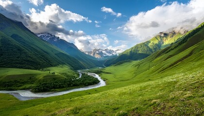 lush green valley with river winding through the mountains