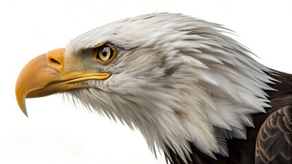 I will generate a close-up photograph of a majestic bald eagle's head in profile view, sharply focused against a plain white background. The eagle displays its iconic white head feathers, dark brown b
