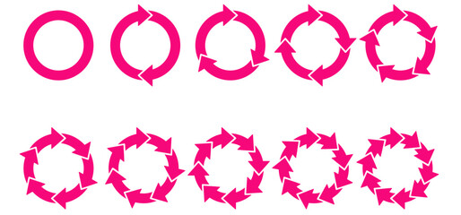 Circle arrow charts. Circle diagram infographic set, spinning arrow, repeat circle combinations and reload icon vector set. Business strategy workflow process infographic elements, circular statist