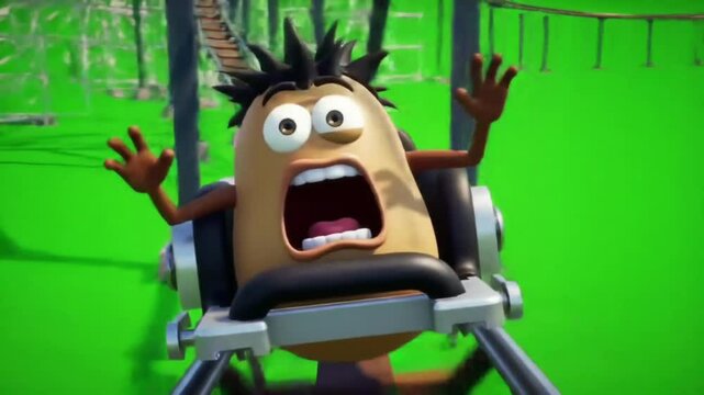 Animated Potato Character on Green Screen Rollercoaster Ride