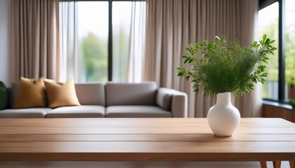 a wooden table with a white vase of green plants in the foreground blurred living room with curtains and a window in the background