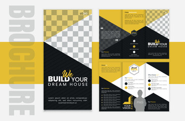 Construction company trifold brochure with industrial icons and yellow theme | Vector template tri fold brochure for construction industry