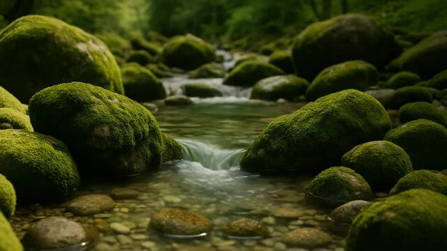 Serene mountain creek winding through moss-covered boulders in a dense forest, with crystal-clear water gently flowing over smooth stones, evoking purity, calmness, and natural wellness for eco design