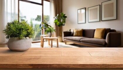 empty wooden table with plant in a pot in a modern living room