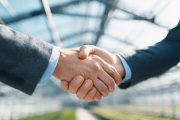 Business Partnership Agreement in Greenhouse Setting with Handshake