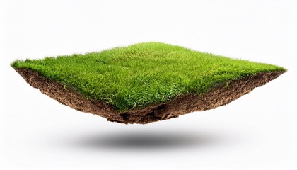 piece of ground covered by grass floating in the air isolated on white background ideal for photocompositions
