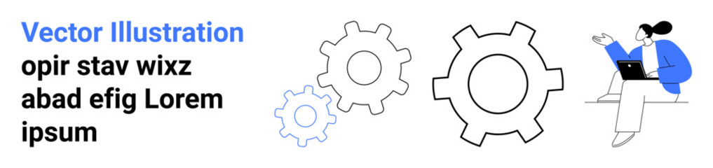 Woman sitting with laptop next to three gears symbolizing teamwork, innovation, and processes. Ideal for business strategy, workflow, technology, efficiency, problem solving, brainstorming simple