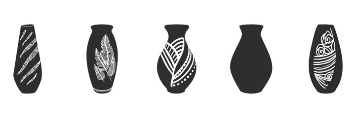 Decorative Vase Silhouette Set. Artistic Patterns And Designs Isolated Vector Illustration Collection