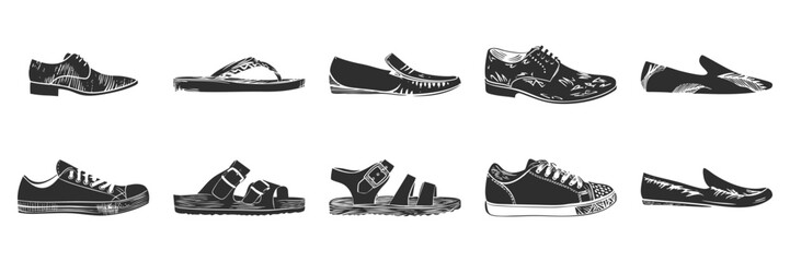 Footwear Variety Silhouette Set. Diverse Shoe Styles For Fashion And Comfort Isolated Vector Illustration Collection