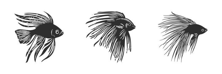 Betta Fish Silhouette Set. Elegant Aquatic Creatures With Flowing Fins Isolated Vector Illustration Collection