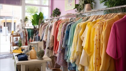 Colorful clothing displayed in a boutique during the day with a bright and inviting atmosphere