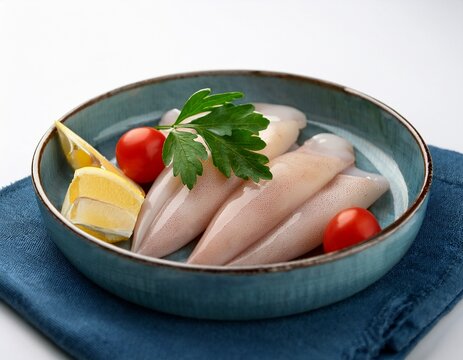 close up of cleaned loligo squid garnished with curry leaves tomato lemon and herbs against a white backdrop