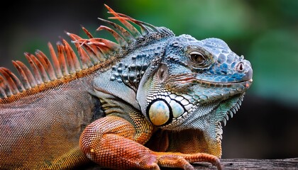 Fototapeta premium colorful iguana portrait on wood post reptile scales
