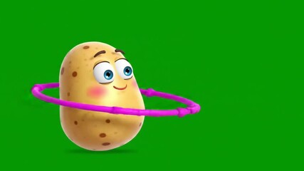 Happy Potato Cartoon Character Hula Hooping Green Screen Fun - Powered by Adobe