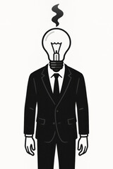 Business burnout concept metaphor. Businessman lightbulb head overheating steam smoke. Mental stress exhaustion fatigue pressure. Corporate overwork professional wellness psychology