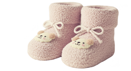 Isolated Newborn Baby Booties in Pink Wool with Animal Plush Applique