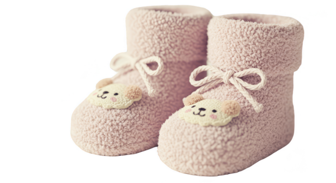 Isolated Newborn Baby Booties in Pink Wool with Animal Plush Applique