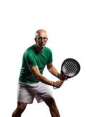 Padel player in dynamic pose on white, for sports game promotions, padel training materials, and...