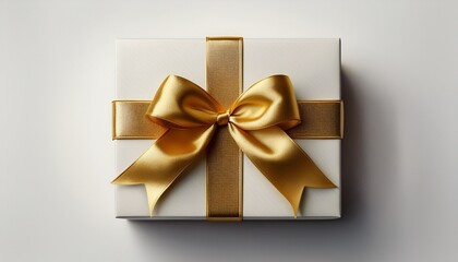 top down view isolated gift box with gold ribbon on white background generative ai