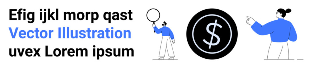 Two individuals interact beside a large dollar icon, emphasizing financial growth, collaboration, and communication. Ideal for finance, teamwork, investment, negotiation, money strategy simple