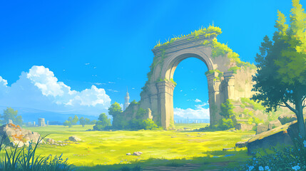 Fototapeta premium Anime - Style Ancient Arch Ruins in a Lush Green Landscape