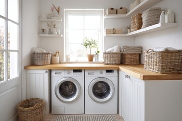 Modern and Bright Laundry Room with Washing Machines and Storage Baskets
