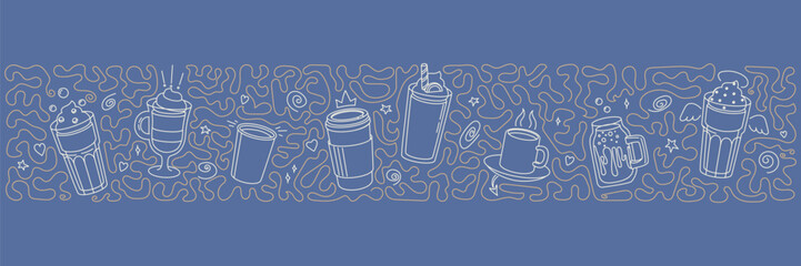 Blue horizontal cafe banner with coffee cups in line art style, vector illustration