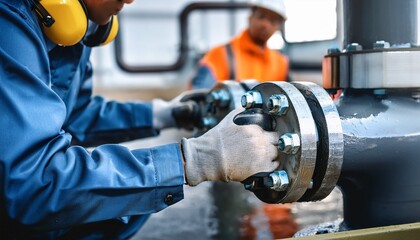 close up of pipeline flange with water droplets technician working in background emphasizing industrial maintenance and safety