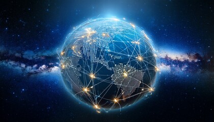 Obraz premium an image of the globe seen from outer space illuminated by network lines and nodes that depict concepts of data flow technology and global communication under a night sky scattered with stars