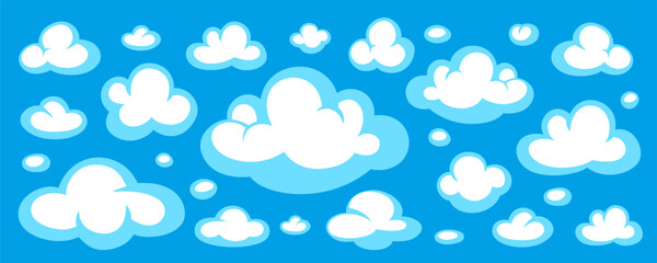 Cartoon cloud vector background with comic style white clouds on bright blue sky. Comic and cloud elements in cartoon vector style. Perfect for game design, kids projects, weather apps, posters