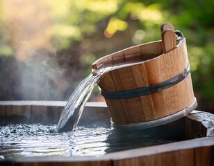 hot spring with flowing water in wooden tub relaxing background image