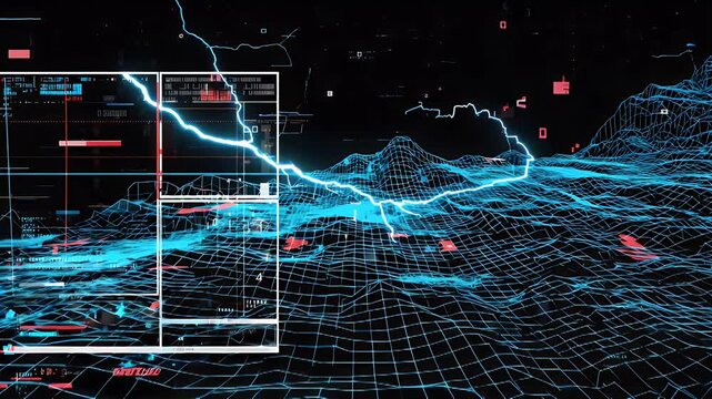 Abstract digital landscape with data overlays and lightning - Powered by Adobe