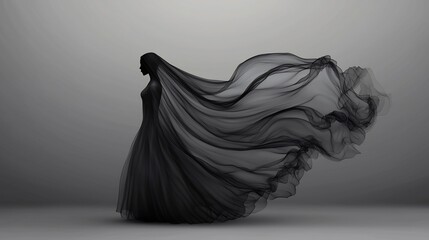 Dark, flowing gown, draped in ethereal fabric