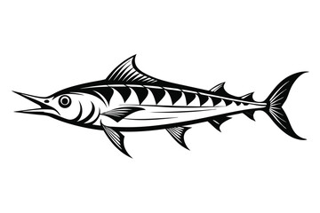 Elegant Black and White Marlin Illustration Detailed Fish Artwork Design with Fins and Tail