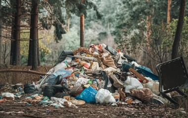 A large pile of garbage and plastics in the forest