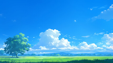 Anime - style Scenic Landscape with Blue Sky, White Clouds and Green Fields