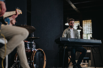 A musical group practicing in a professional setting featuring a pianist, guitarist, and drummer,...